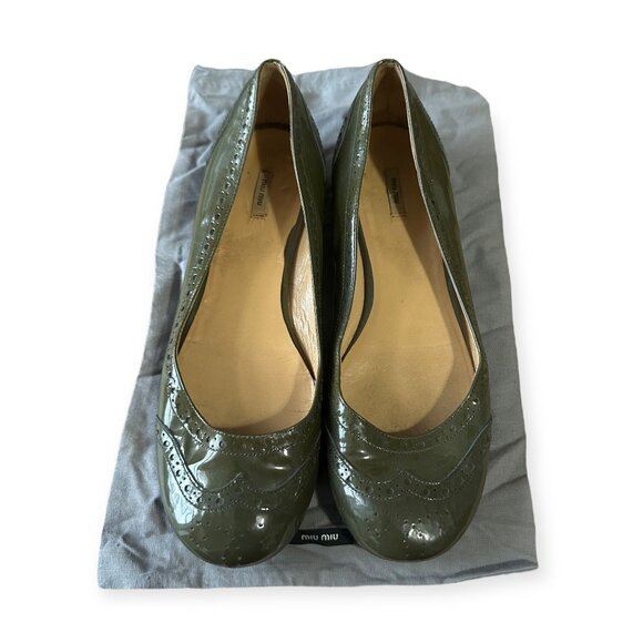 Miu Miu Patent Olive Green Brogue Round-Toe Low Heel Pumps 39 EU - Picture 7 of 10